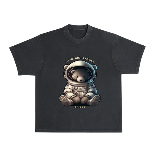 LIVING AND LEARNING ASTRONAUT BEAR  - VINTAGE FADED BLACK TSHIRT